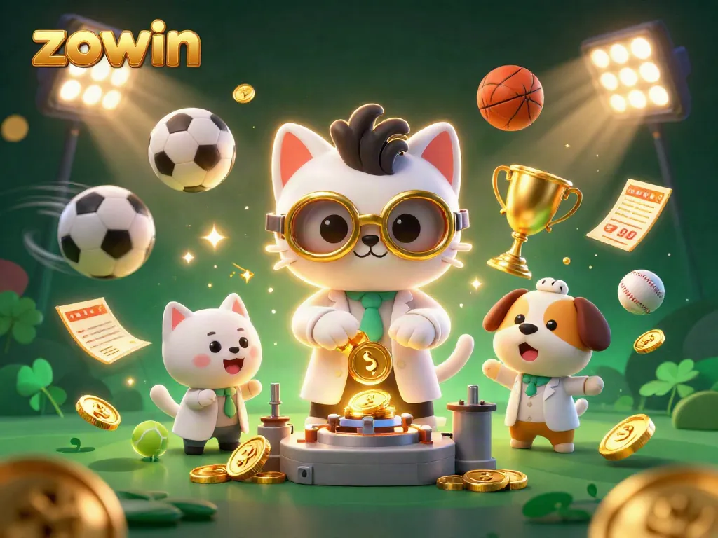 Zowin's lively casino scene showcases a mad scientist cat and assistant dog creating betting excitement with dynamic sports elements.