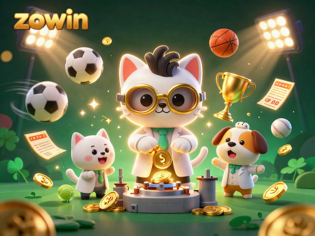 Zowin's lively casino scene showcases a mad scientist cat and assistant dog creating betting excitement with dynamic sports elements.