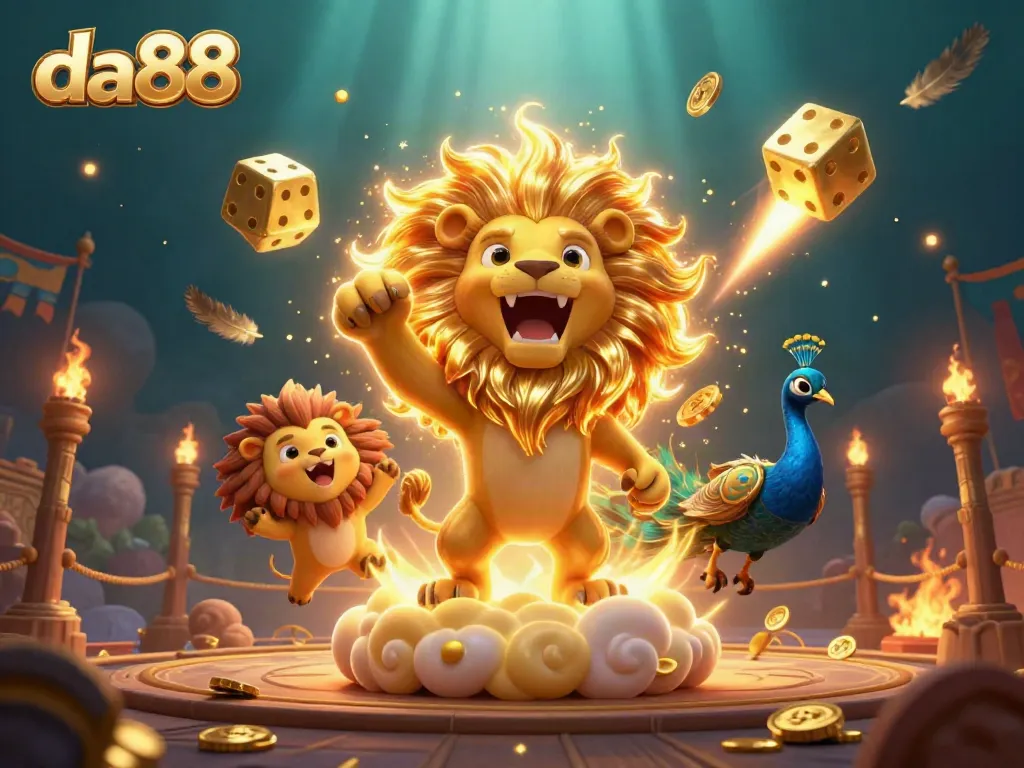 Experience the excitement of da88 with a vibrant casino scene showcasing games, golden dice, and interactive elements.