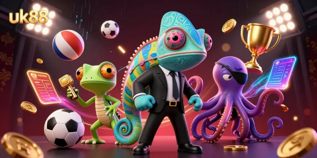 Experience exciting gameplay at uk88 with a vibrant 3D illustration featuring characters and gambling elements.