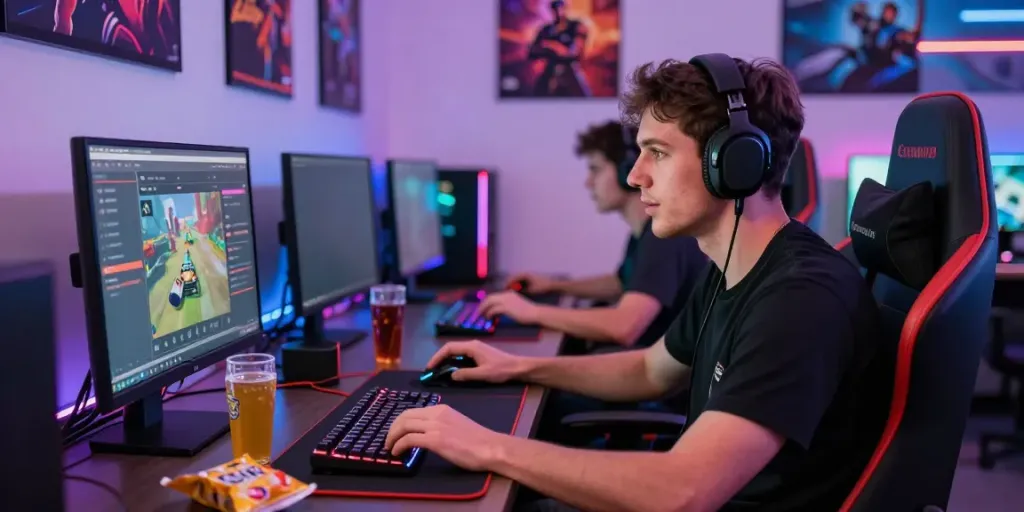 Engaged male gamer experiencing the immersive gaming environment at https://manclub1.jp.net/ with vibrant lighting and modern equipment.