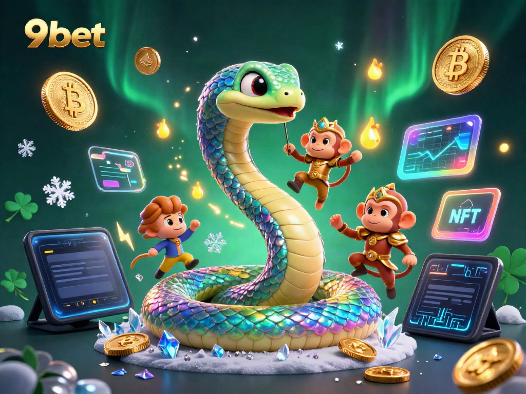 Experience thrilling excitement with 9bet's vibrant 3D serpentine and monkey king in a luminous casino scene.