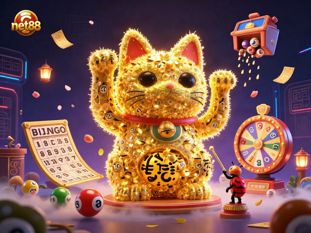 Experience the thrill of net88 with a giant lucky cat animated by fireflies and surrounded by vibrant casino symbols.