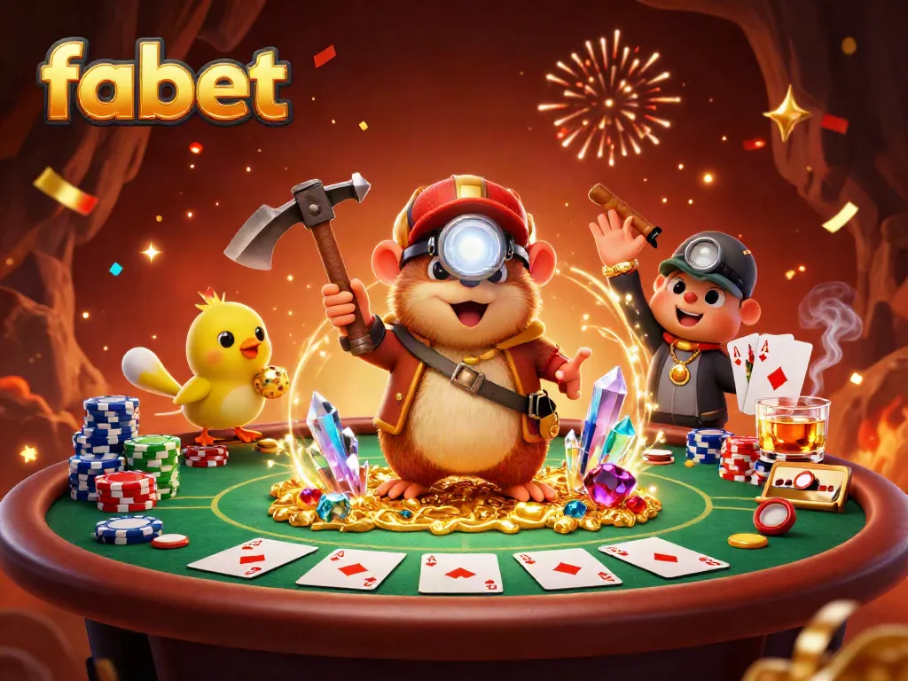 Experience lively poker gaming with fabet, featuring a treasure hunter mole and vibrant casino elements.