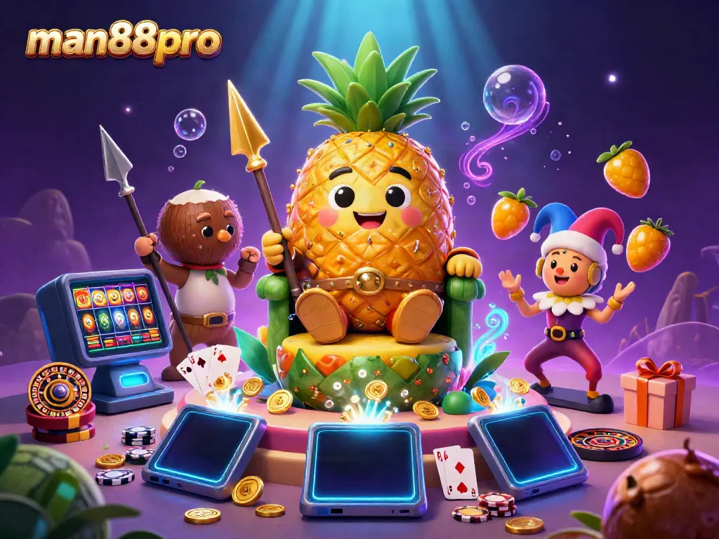 Experience the excitement of gambling with man88pro in this vibrant casino scene featuring a pineapple king and colorful game elements.
