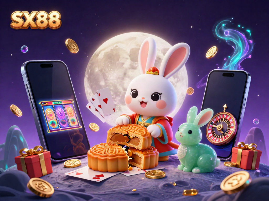 SX88 generates excitement with a 3D moon rabbit revealing poker chips inside mooncakes during a vibrant casino-themed scene.