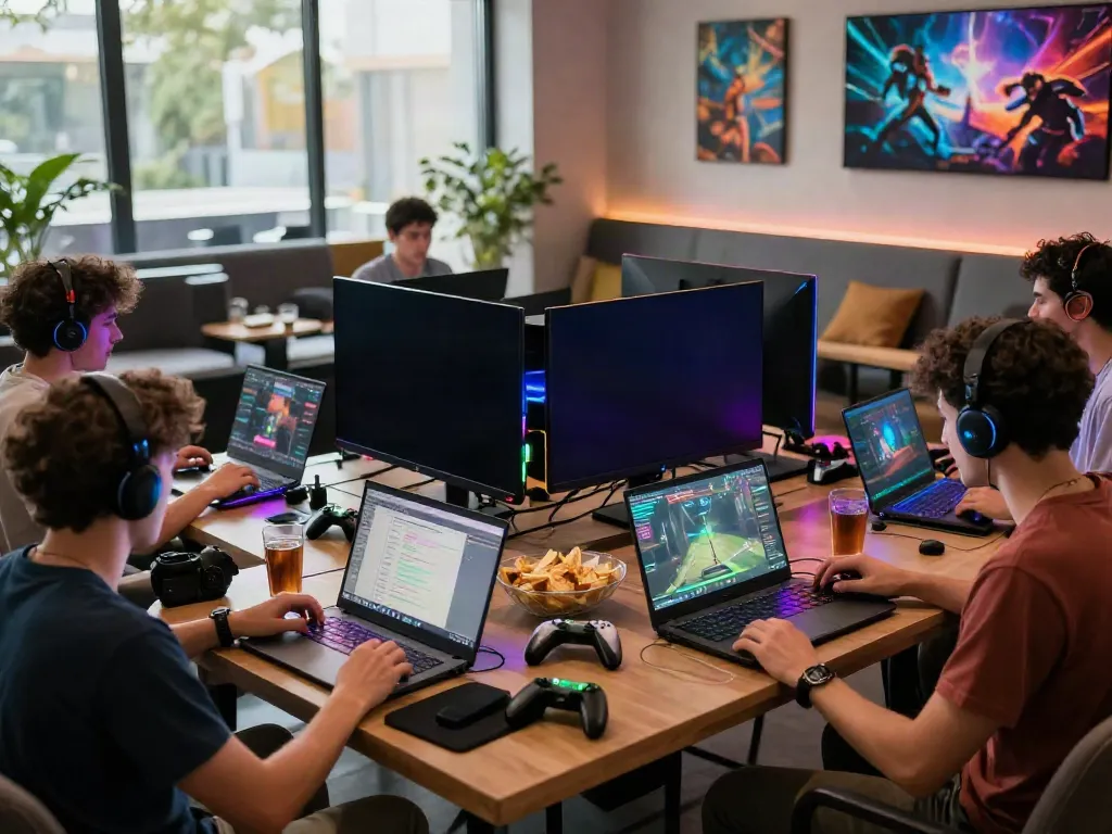 Online gaming group enjoying their time at https://playsv88.net/ in a stylish lounge setting with vibrant LED lights.