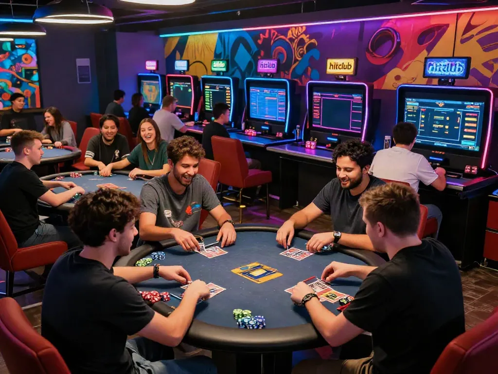 Diverse players enjoying card games at hitclub gaming lounge, vibrant atmosphere with LED lights.