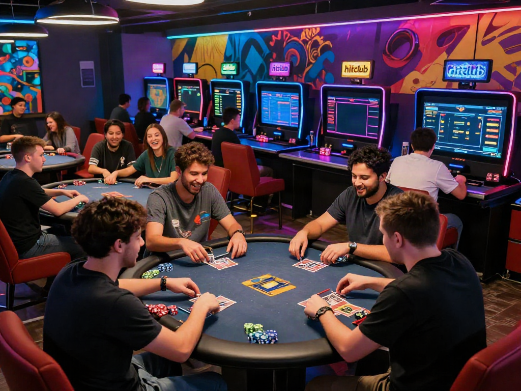 Diverse players enjoying card games at hitclub gaming lounge, vibrant atmosphere with LED lights.