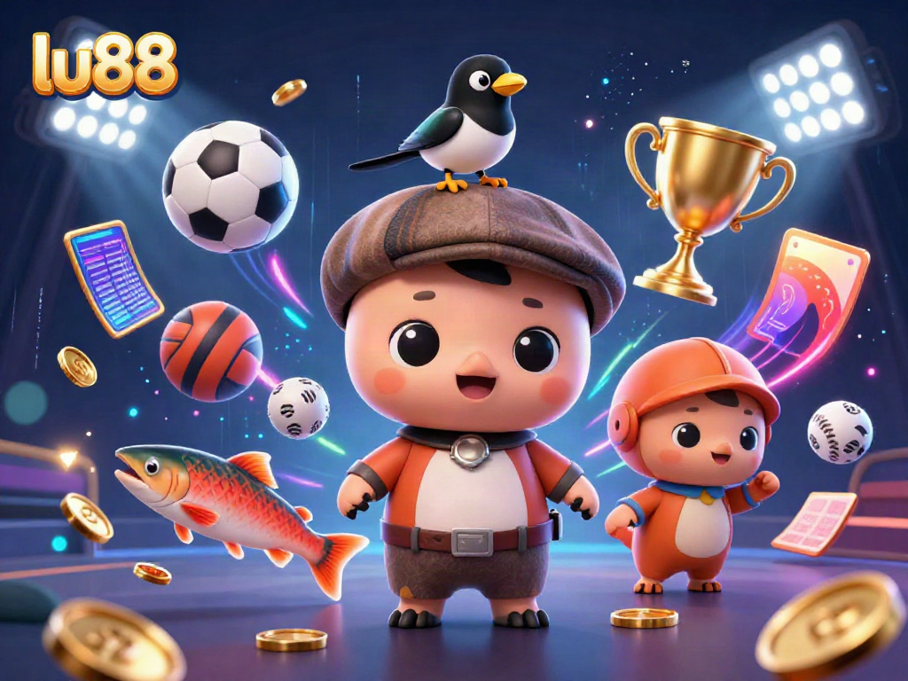 Engage with thrilling games at lu88, featuring a lively and colorful cartoon-style casino scene.