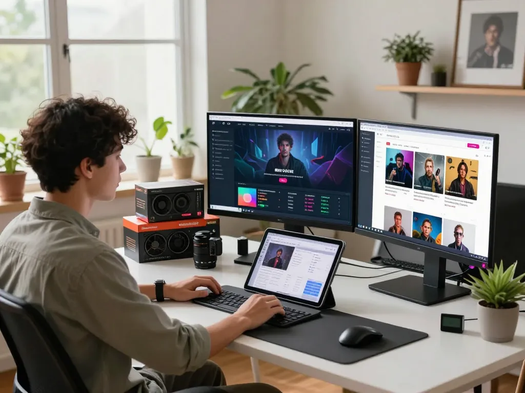 AI porn platforms displayed on multiple screens in a modern home office, showcasing digital creativity and engagement.