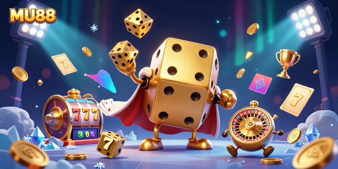 Engaging MU88 casino illustration showcasing vibrant dice, slot reels, and dynamic gaming elements.