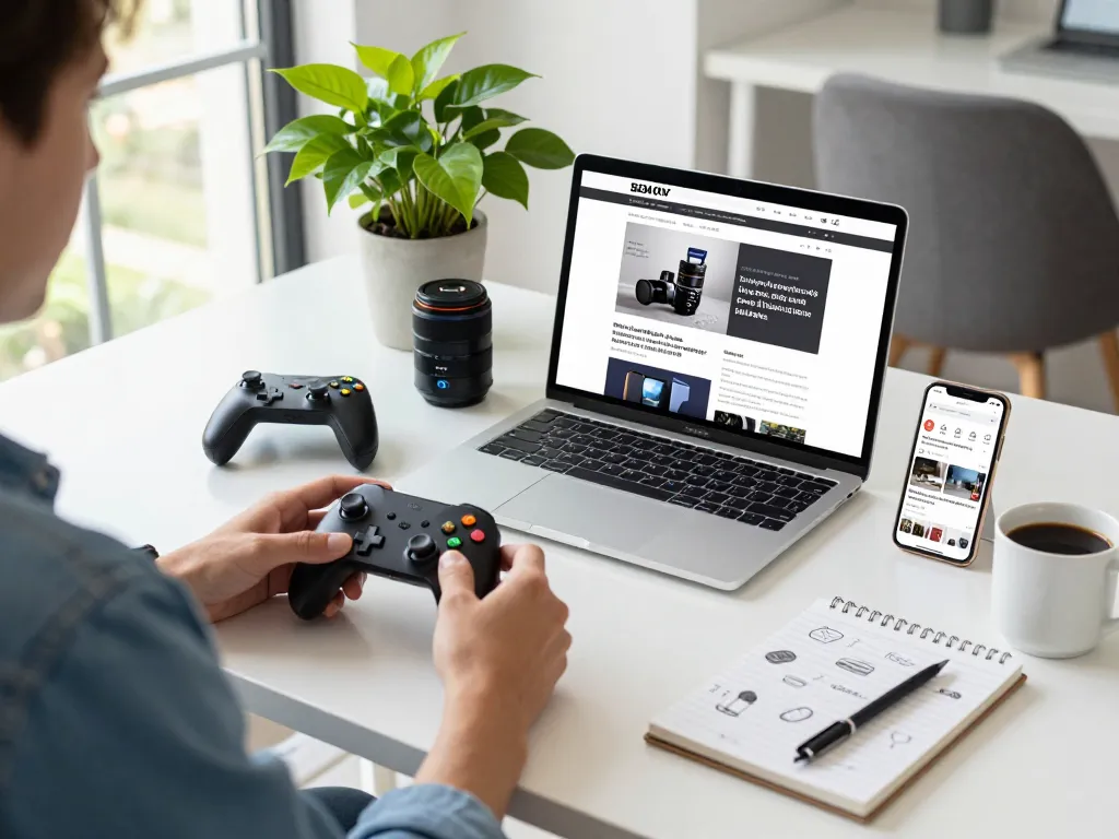 Person reviewing affordable tech gadgets in a modern office setting with tech accessories and natural light.