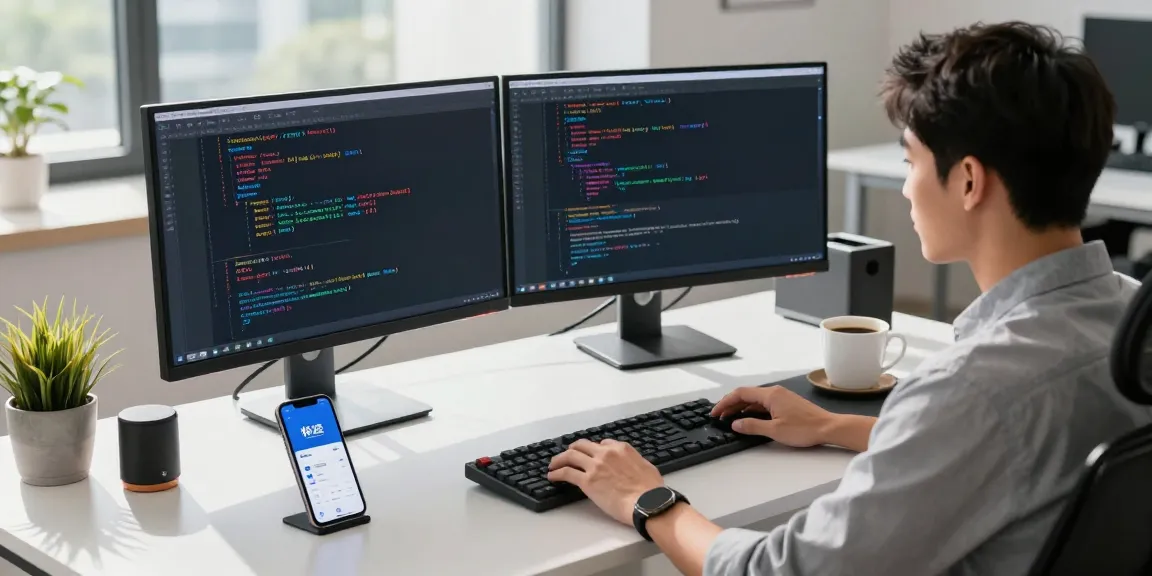 快连 software displayed on dual monitors in a modern tech workspace with a coffee cup and smartphone.