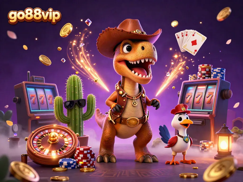 Go88vip game scene showcasing a cowboy T-Rex, cactus sidekick, and roadrunner amidst casino excitement.