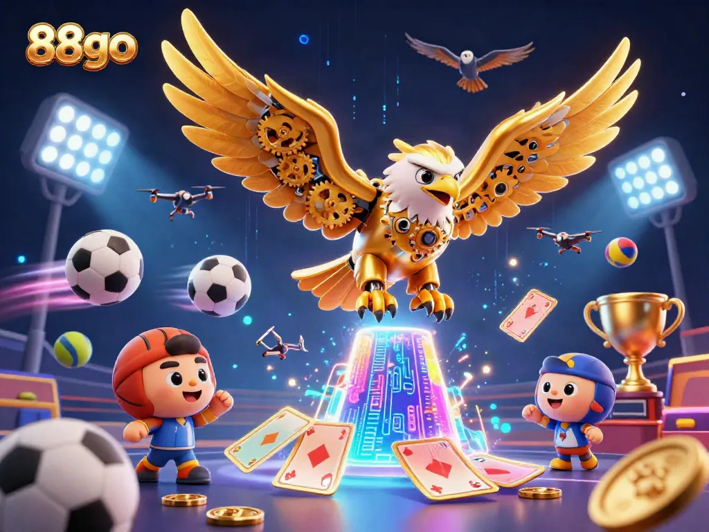 Engaging illustration showcasing 88go with a cybernetic golden eagle diving through holographic playing cards in a dynamic gambling scene.