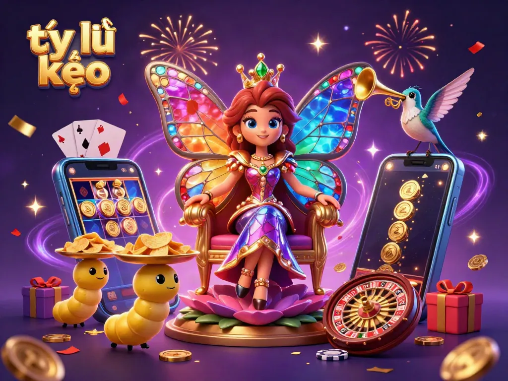 Engage in thrilling betting with tỷ lệ kèo, featuring a beautiful butterfly queen amidst vibrant casino elements.