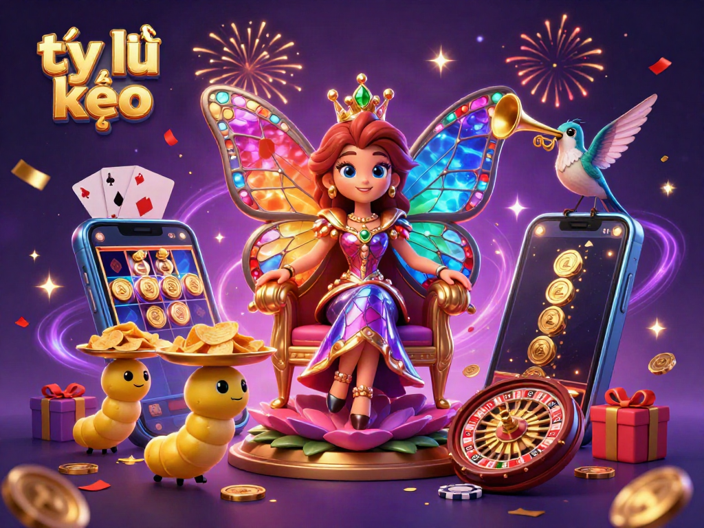 Engage in thrilling betting with tỷ lệ kèo, featuring a beautiful butterfly queen amidst vibrant casino elements.