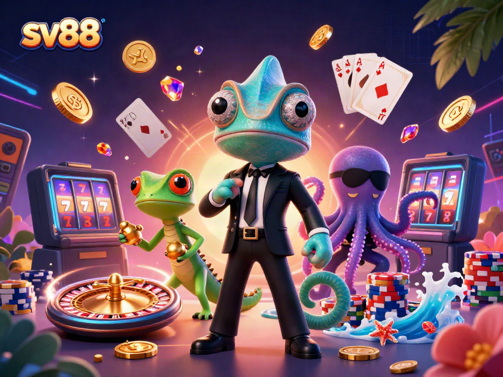 Play thrilling games with sv88 featuring a 3D chameleon in a casino backdrop.