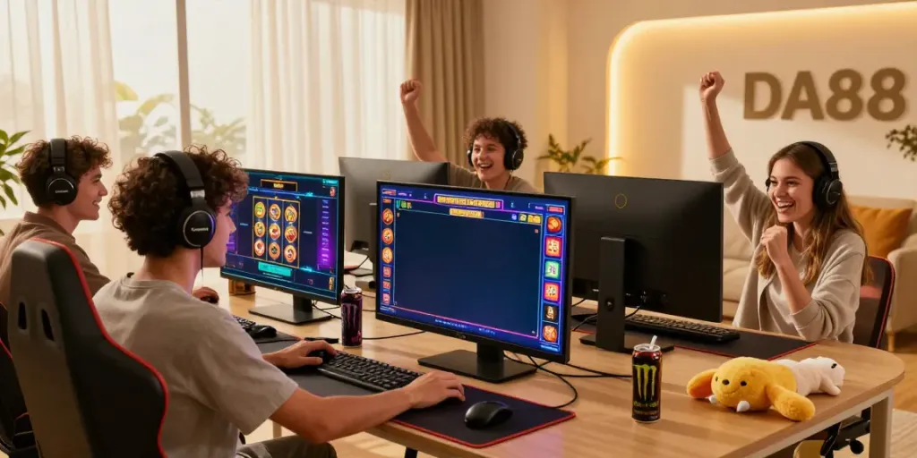 Players engaging with DA88 online gaming platform in a modern living room full of excitement.