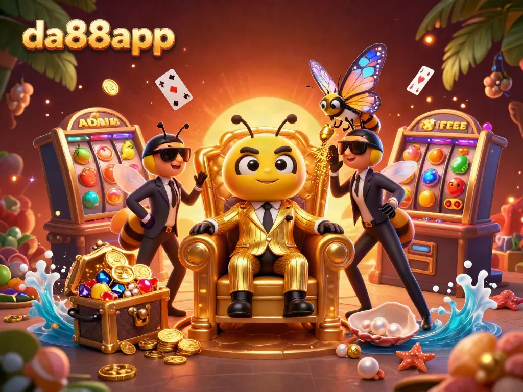 Win big with da88app in an exciting 3D casino scene featuring vibrant slot machines and lively characters.