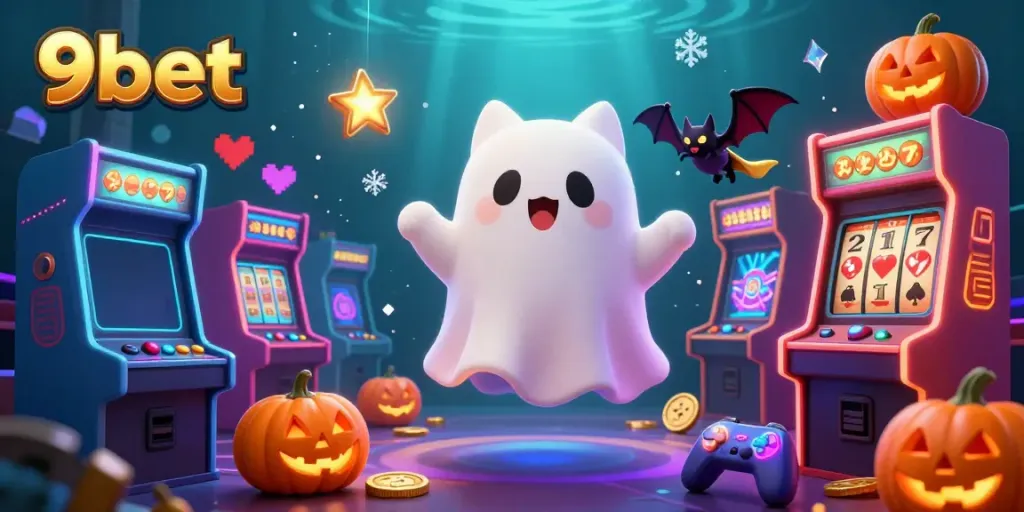 Experience thrilling gaming with 9bet in this vibrant ghost cat casino scene filled with dynamic elements.