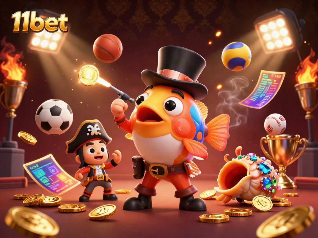 Experience the excitement of 11bet with glowing treasures and dynamic sports elements in a lively casino scene.