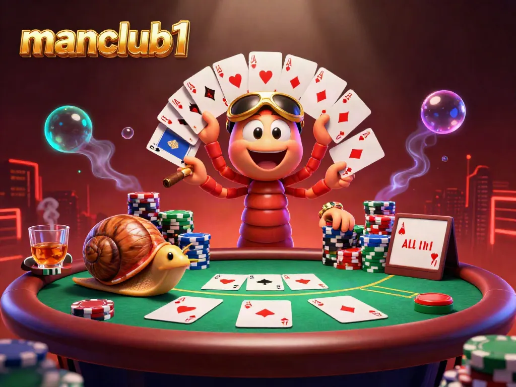 Experience the excitement of manclub1 with a vibrant casino scene featuring animated characters and poker elements.