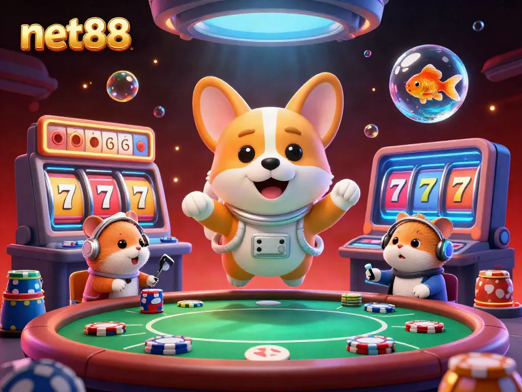Experience big wins at net88 in this vibrant 3D illustration of a space station casino with floating characters and jackpots.