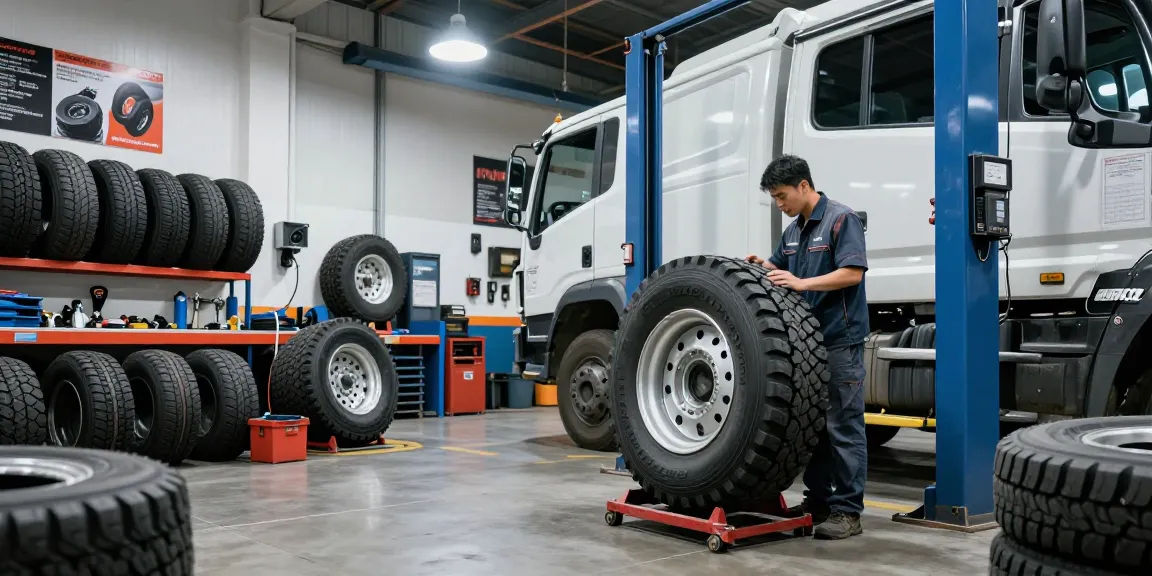 Mechanic inspecting a Double Coin RR99 tire in a busy service garage, showcasing automotive expertise and quality.