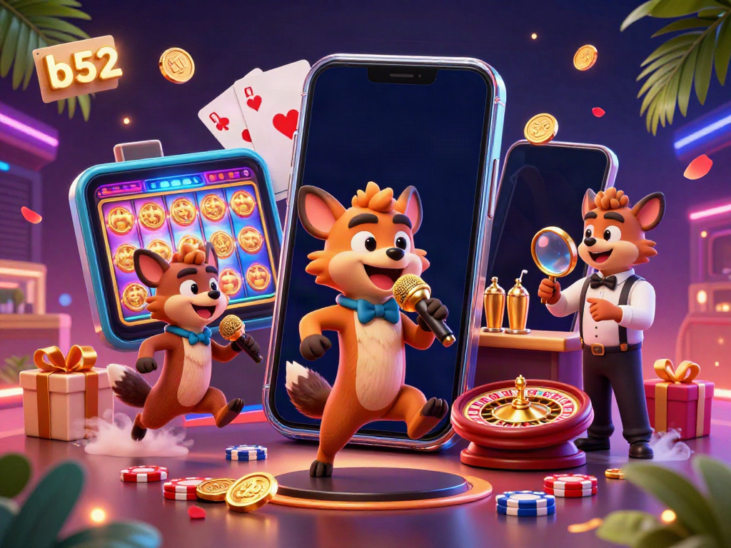Create an exciting scene at the b52 comedy casino where hyenas entertain guests with gambling elements.