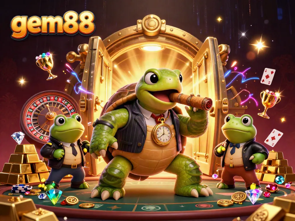 Engage with the dynamic gem88 casino atmosphere featuring a snapping turtle gangster and frog enforcers amidst slot elements.