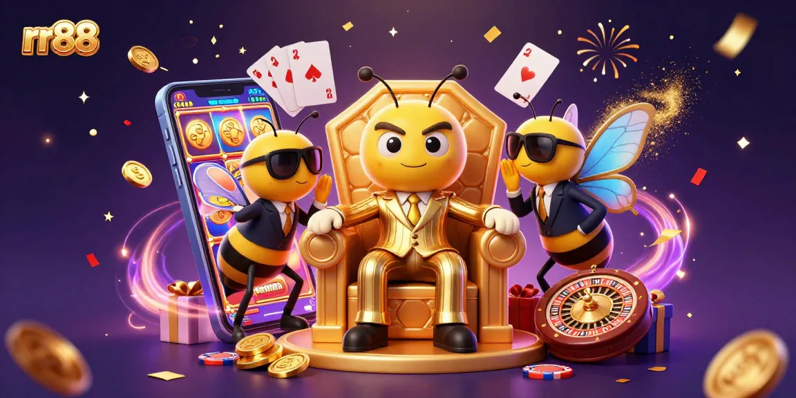 Engage with rr88's vibrant casino world featuring an animated bee mob boss amidst exciting game elements.