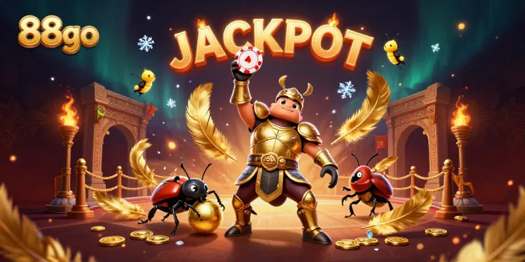 88go showcases a victorious hercules beetle lifting a poker chip amid gold tokens and fireflies spelling JACKPOT.