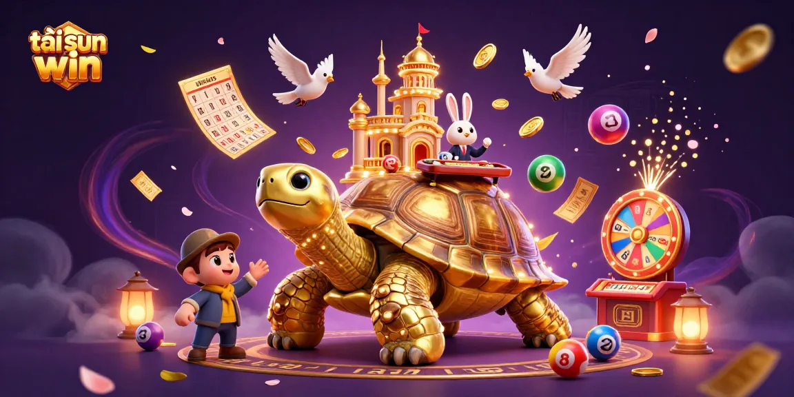 Engage with the thrill of tải sun win through a vibrant 3D casino scene featuring dynamic lottery elements and a golden tortoise.