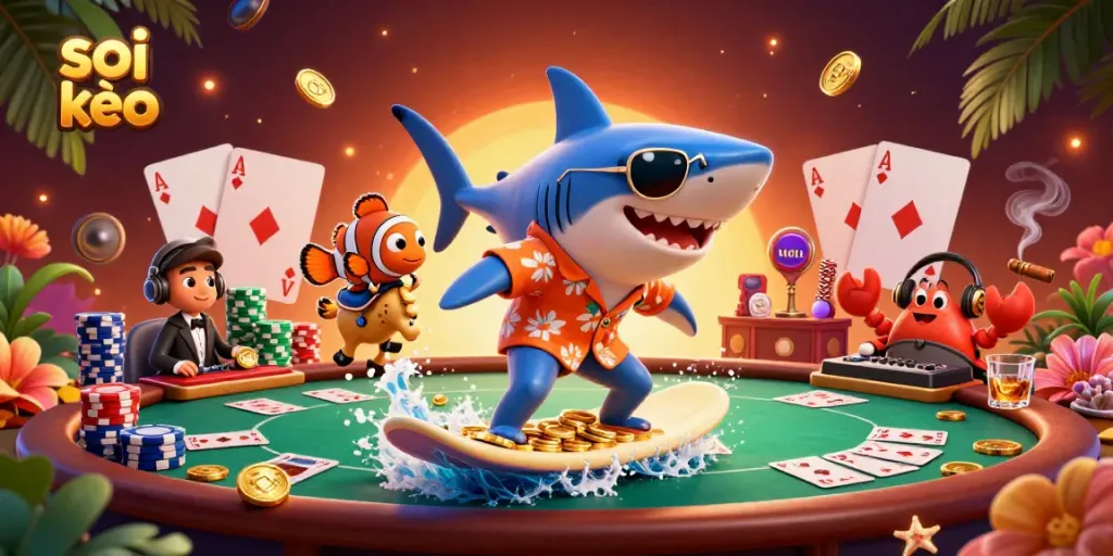 Experience soi kèo with our animated scene of a shark and friends enjoying casino fun.