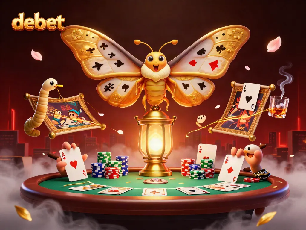 Experience the vibrant world of debet with a majestic moth and casino elements in a striking 3D illustration.