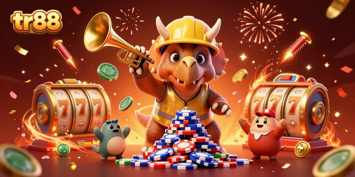Experience the excitement of tr88 with a celebratory scene featuring casino elements and festive characters.