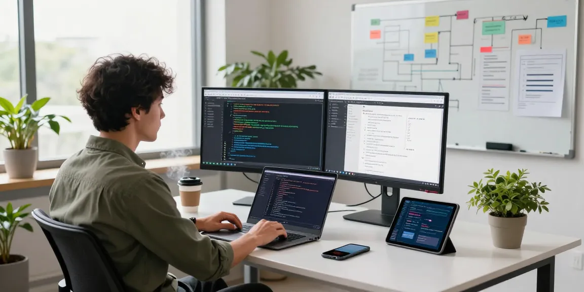 快连 software developer working on code at a modern office desk with dual monitors and tech gadgets.