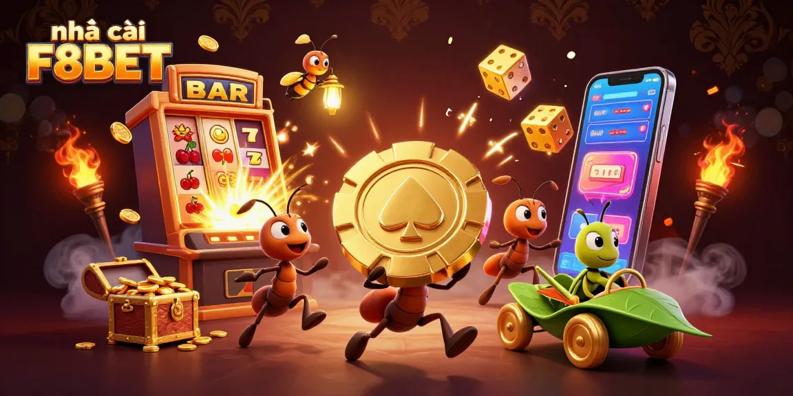 Experience the excitement at nhà cái F8BET with a vibrant heist-themed casino illustration showcasing game elements and thrilling gameplay.