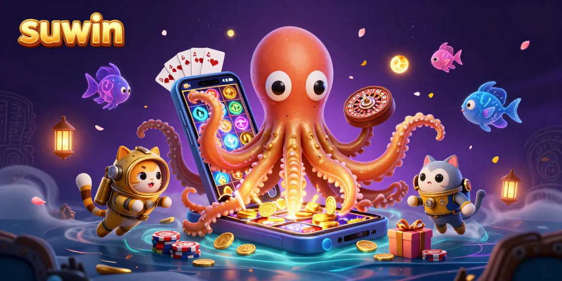 Suwin leverages a colossal kraken and a diving cat for a vibrant casino gaming adventure.