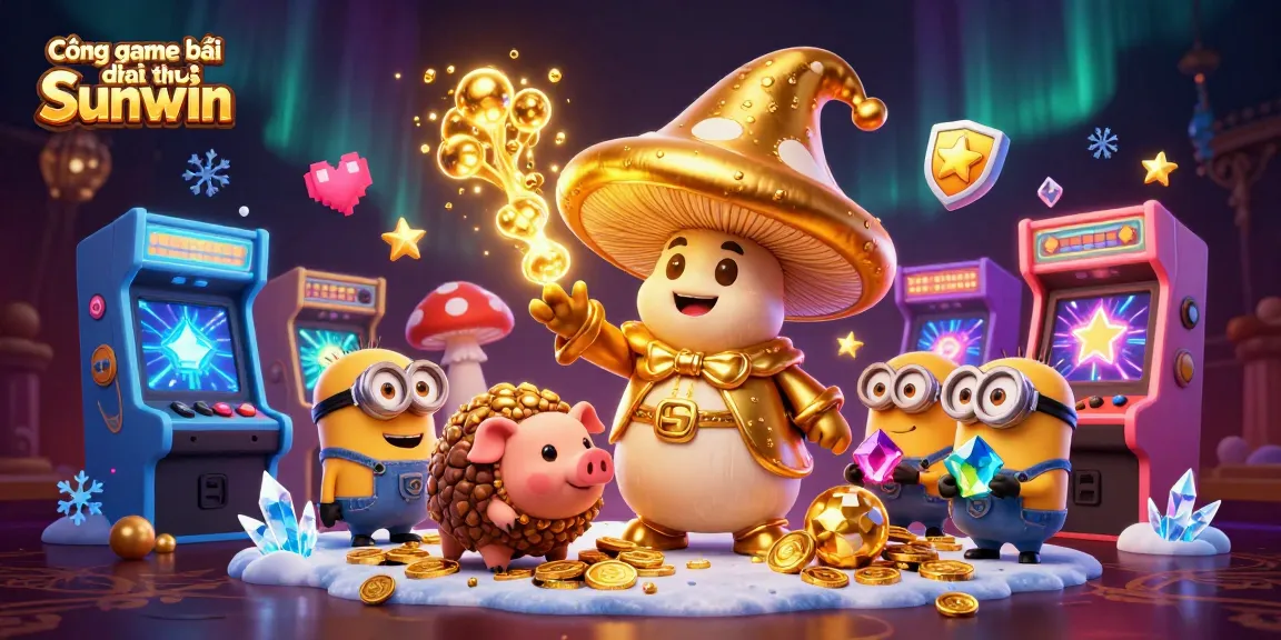 Cổng game bài đổi thưởng Sunwin showcases a vibrant, magical scene with a wizard turning elements to gold amidst casino-themed games and treasures.